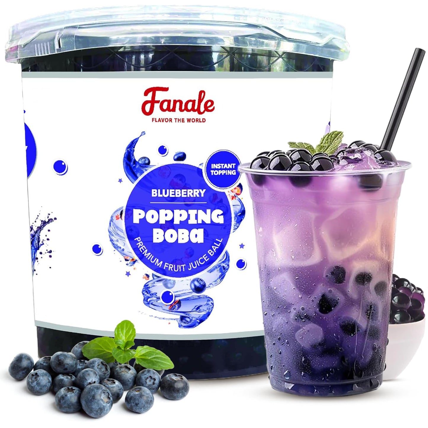 Fanale Blueberry Popping Boba Pearls, Vegan, Non GMO, Gluten Free, Fat Free, Perfect for Bubble Tea, Smoothies, Ice Cream, Desserts, and Beverages.