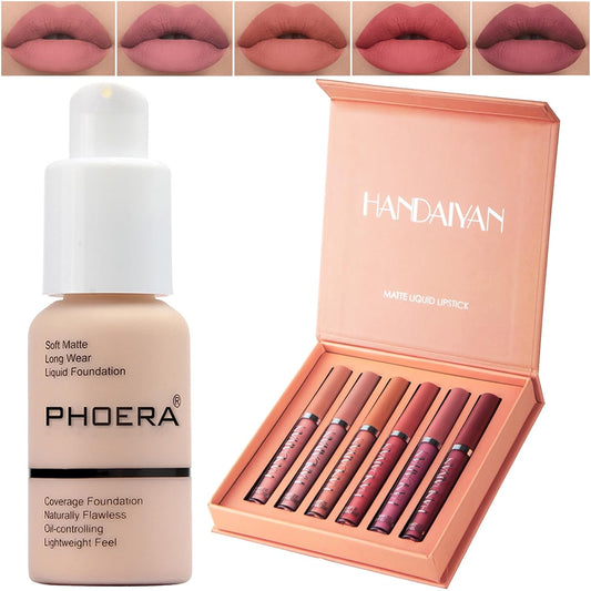 PHOERA Foundation,6Pcs Matte Liquid Lipstick Makeup Set, Matte liquid Long-Lasting Wear,PHOERA Makeup Foundation Full Coverage(101- Porcelain)