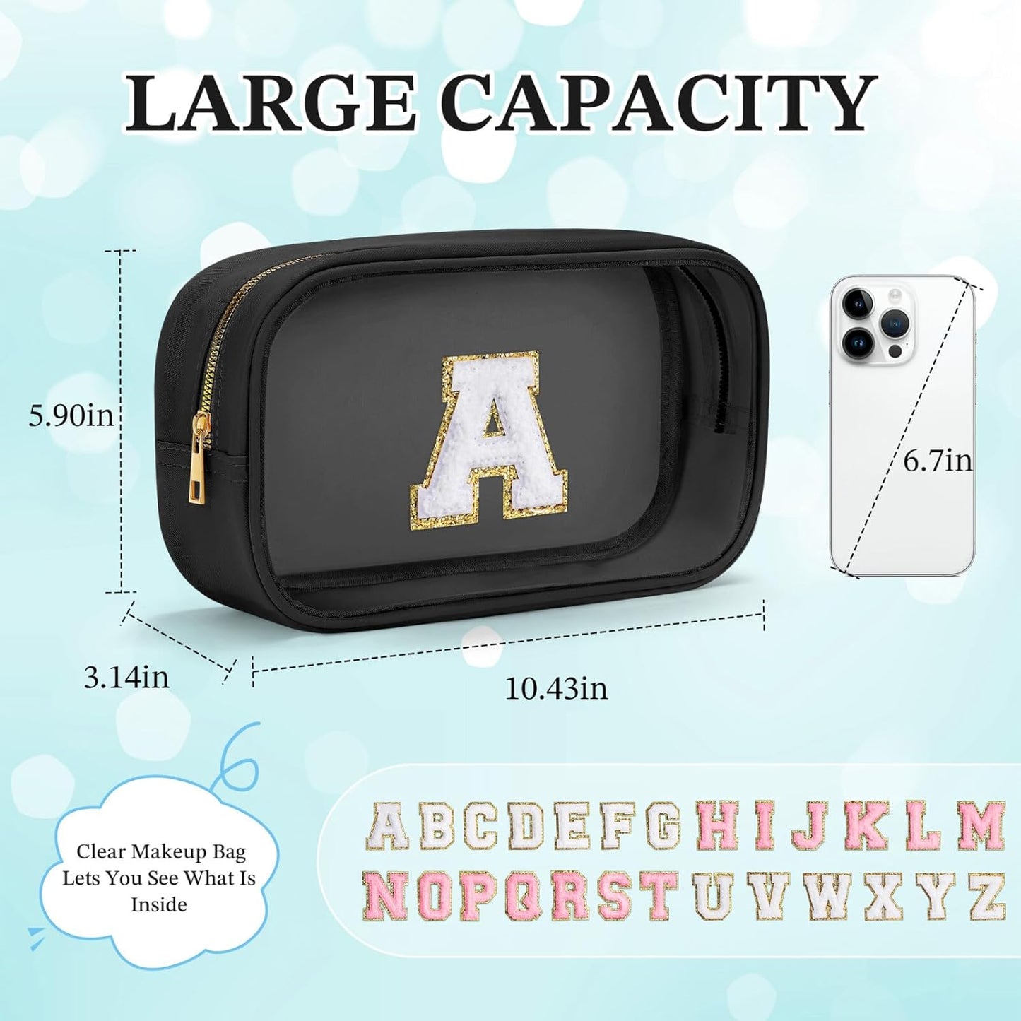 YOOLIFE Initial Travel Makeup Bag Pouch, Clear Toiletry Bag for Women Travel Accessories Cosmetic Bag Skin Care for Teen Make Up Bags Birthday Gifts for Women Unique Teacher Mom Friends Gifts Black F