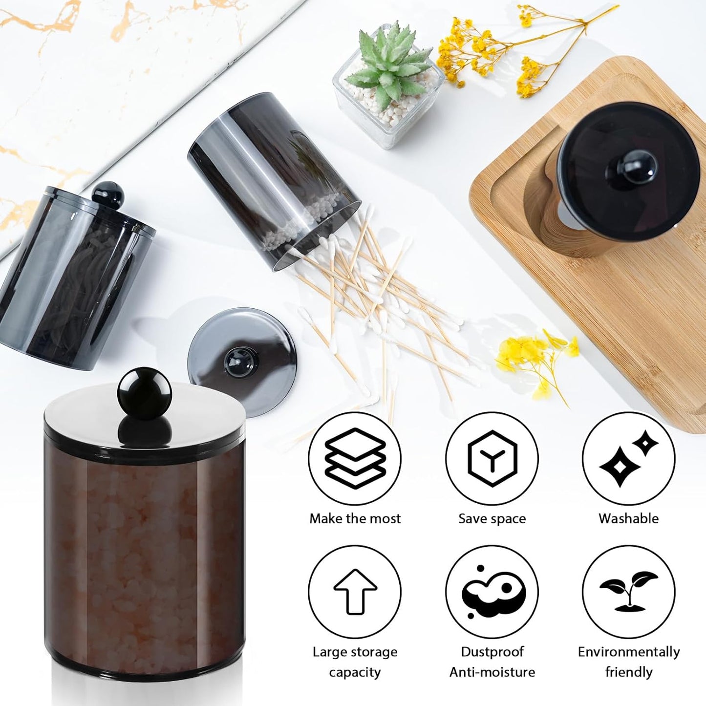 2 Pack Qtip Holder,Canister Apothecary Jar Set, Bathroom Jars with Lids Set for Cotton Swabs, Balls, Pads, Floss Picks,10oz-12oz Plastic Canisters Restroom Bedroom Vanity Organizer(Black)