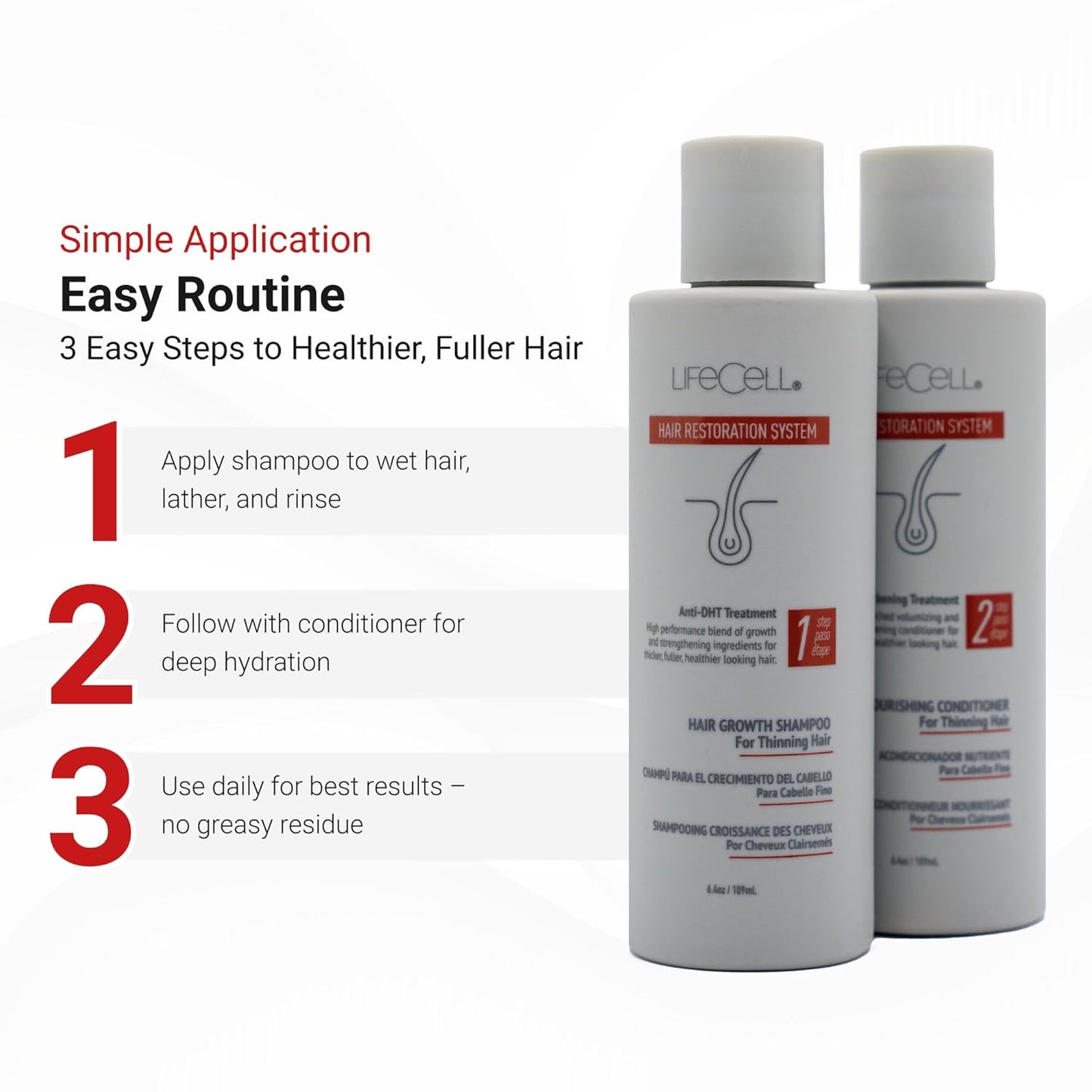 LifeCell Hair Restoration System – Anti-DHT Shampoo & Conditioner for Thicker, Fuller Hair – Strengthens & Revitalizes – Supports Scalp Health & Hair Growth
