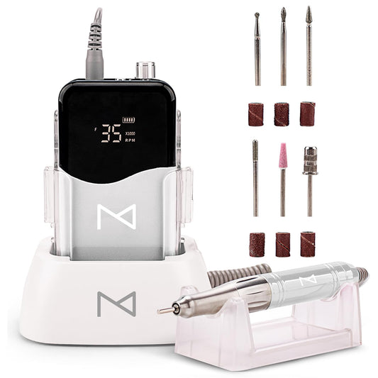 M Mase- Professional Nail Drill Machine - Coreless 2-in-1 Nail File - Electric, Cordless, 35000 RPM, HD Display - Electric Nail Drill for Professional & Home Use (White)