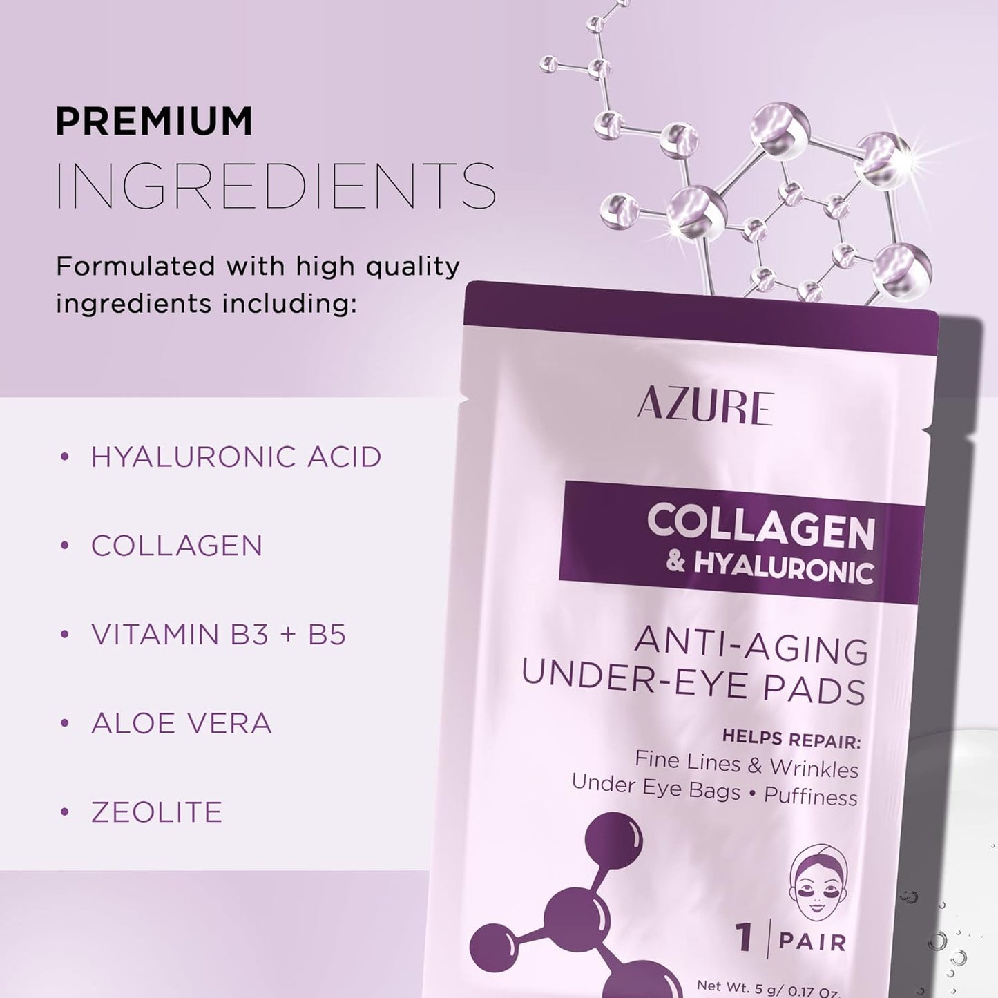 AZURE Collagen & Hyaluronic Acid Anti Aging Under Eye Pads - Lifting & Moisturizing Eye Mask Patches - Reduces Fine Lines, Wrinkles, Dark Circles & Puffiness - Skin Care Made in Korea - 5 Pairs