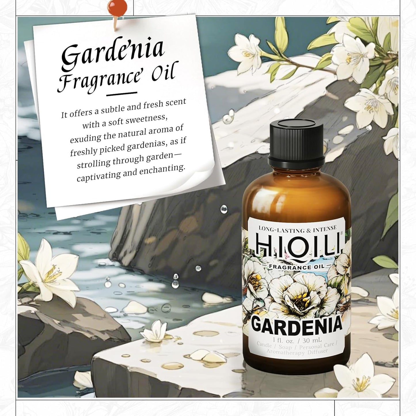 HIQILI Gardenia Fragrance Oil for DIY Candle, Soap & Perfume Making, Add to Essential Oil Diffuser, Body Wash, Long-Lasting - 1 Fl Oz