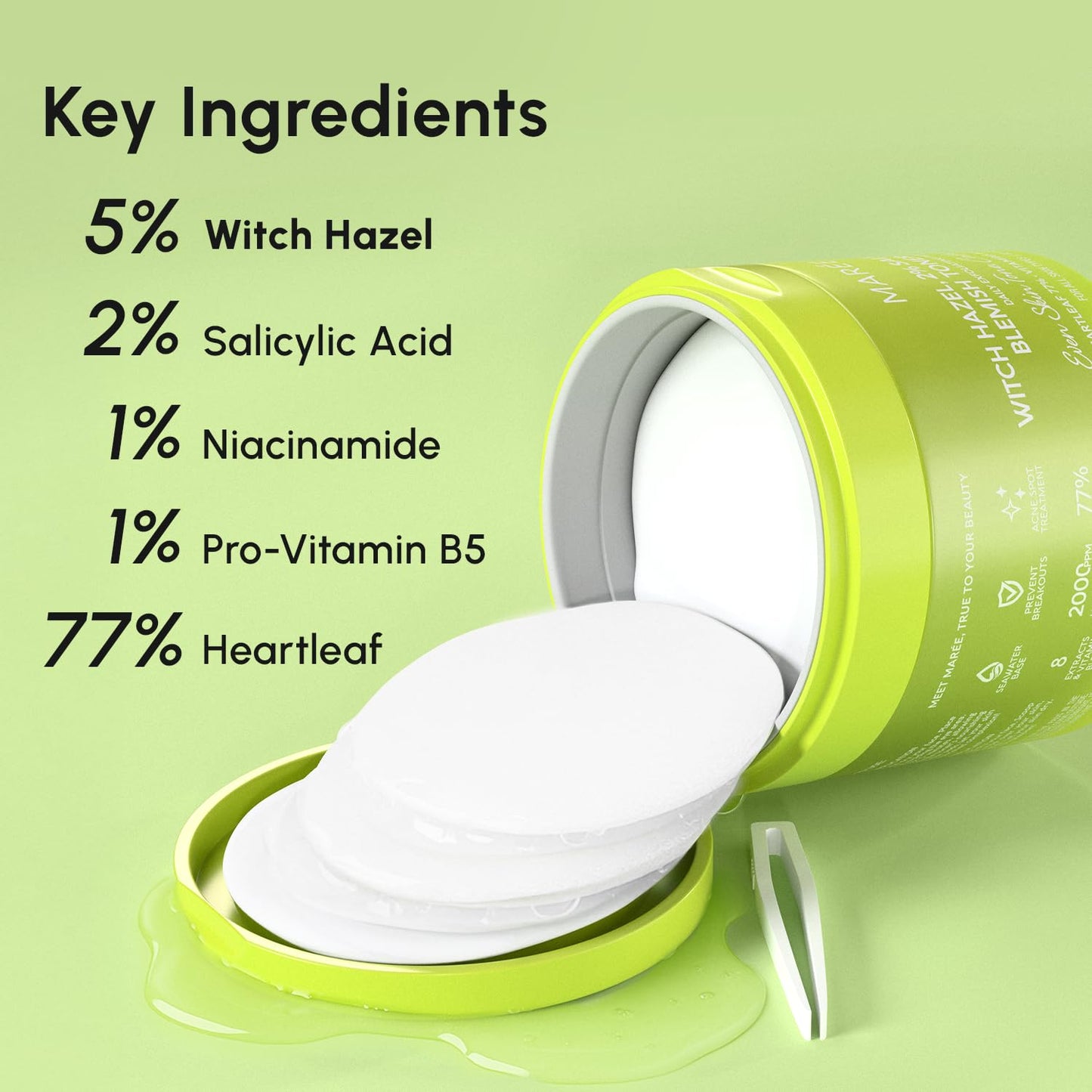 MAREE Blemish Toner Polishes - Daily Facial Radiance Toner Polish - Witch Hazel Pads Acne Face Toning - Acne Skin Care with BHA Salicylic Acid - Blemish Clearing Witch Hazel Wipes