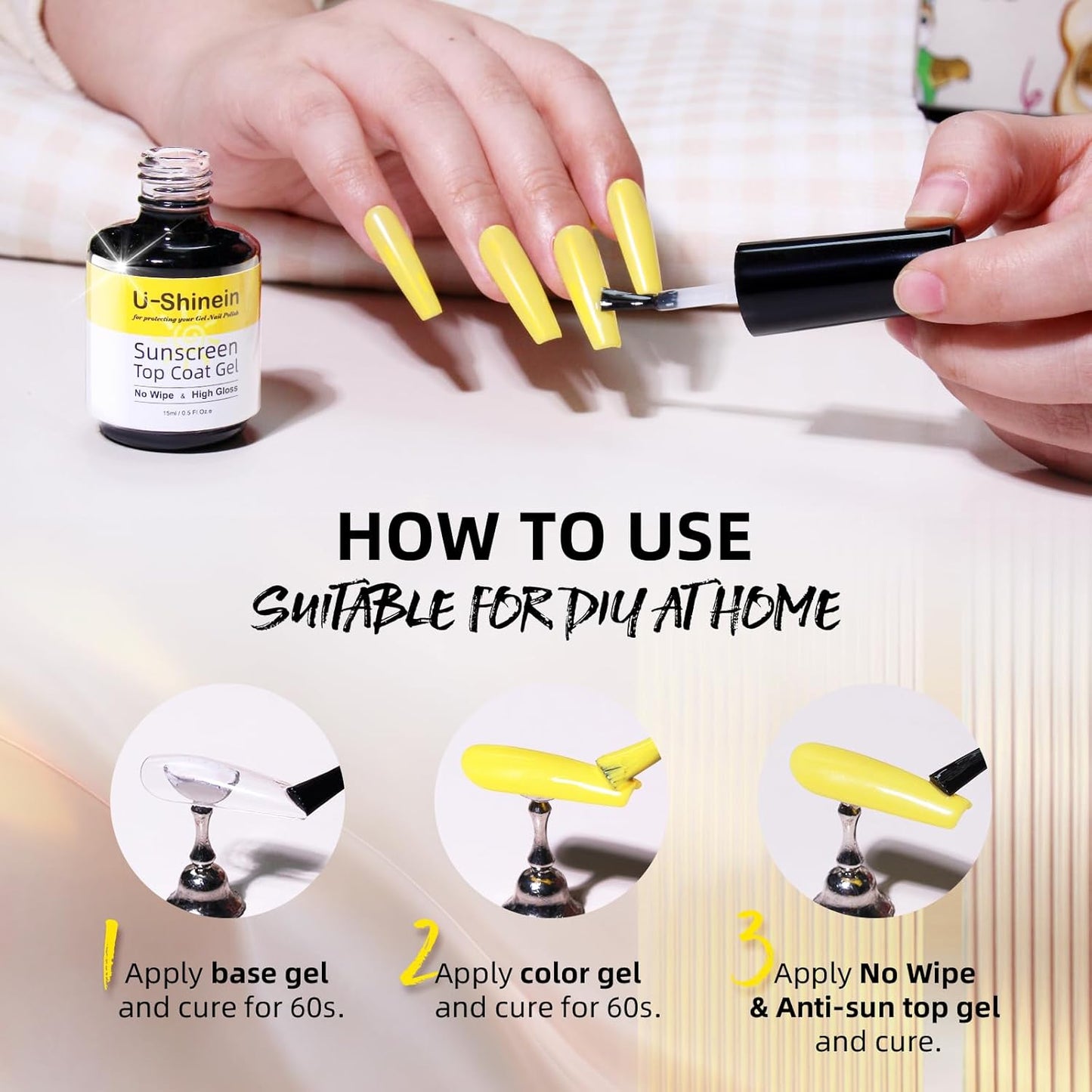 Shine UV Top Coat, 2 in 1 No Wipe Sunscreen Top Coat Gel, Glassy Clear Gel Keeps Nails From Yellowing or Staining, Requires UV Lamp