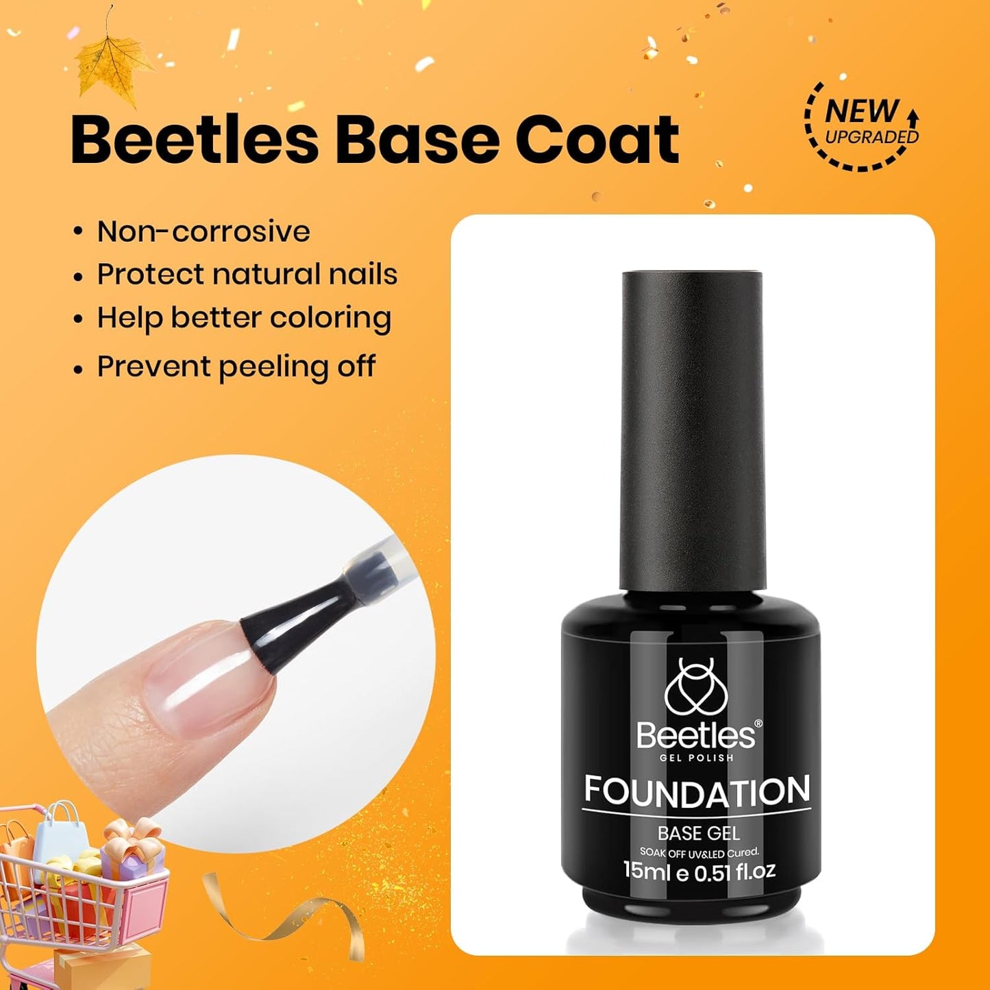 Beetles 2 Pcs 15ml No Wipe Gel Top Coat and Base Coat Set - Shine Finish and Long Lasting, Soak Off LED Nail Lamp Gel Base Top Coat Finish Nail Art Design Manicure Gifts for Women