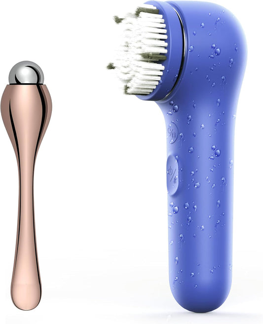 Premium Face Scrubber, Deep Pore Cleansing Brush, Waterproof & Rechargeable Face Scrub Brush for Men& Women, Electric Facial Exfoliator with 3 Brushes, 3 Intensities, 2 Modes with Eye Rollor - Azure