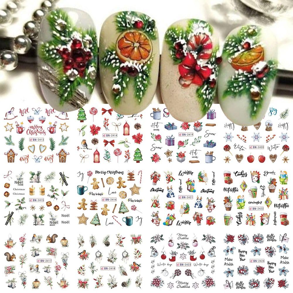 12 Sheets Christmas Nail Art Stickers Snowflake Water Transfer Nail Decals Holographic Gingerbread Man Snow Trees Winter Design Watermark Nail Foils Stickers for Women Xmas Nail Decorations