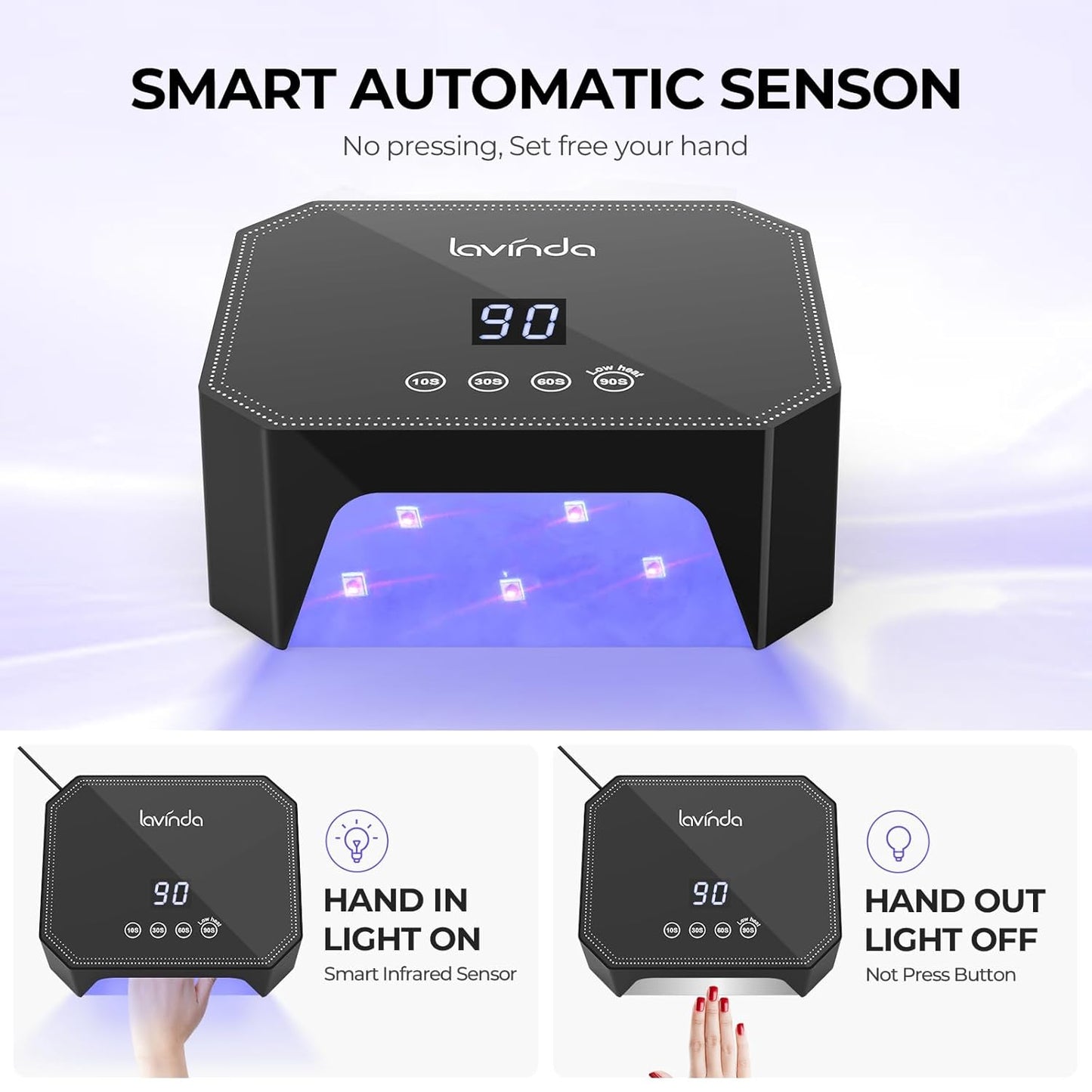 Lavinda 54W UV LED Nail Lamp – Plug-in Gel Nail Light with LCD Display, 4 Timers, Auto Sensor, Dual Wavelength, Nail Dryer for Home & Salon – Black