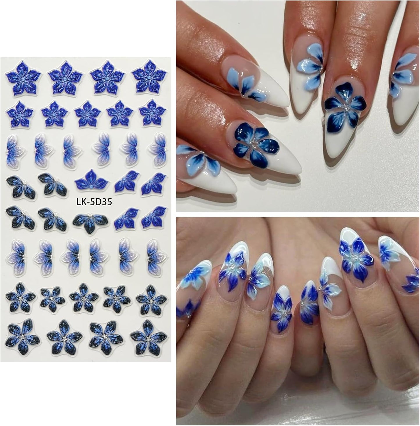 Nail Art Stickers Decals 5D Embossed Flower Nail Decals Self Adhesive Spring Summer Nails Supplies 3D Design for Women Nails Decoration Fresh Blue Purple Flower Stickers