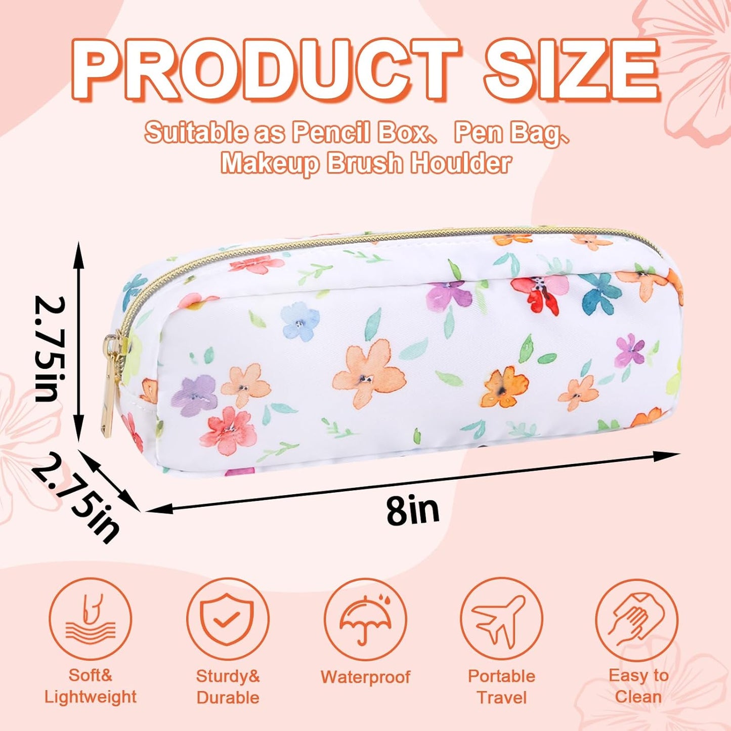 Waterproof Small Floral Pencil Case Makeup Bag for Purse,Cute Flower Pencil Pouch Preppy Nylon Makeup Brush Holder with Zipper,Girls Portable Storage Case Pen Bag for Work(Slim Colorful-Flowers)