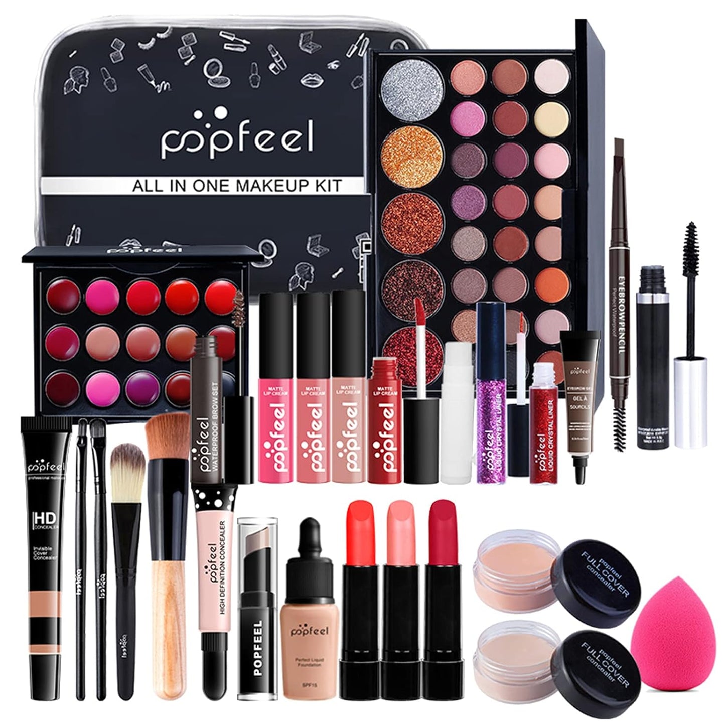 All-in-one Makeup Set Holiday Gift | Full Makeup Kit for Women Essential Starter Bundle Include Eyeshadow Palette Lipstick Blush Cream Concealer Face Powder Eyeliner Mascara Lipgloss Brush