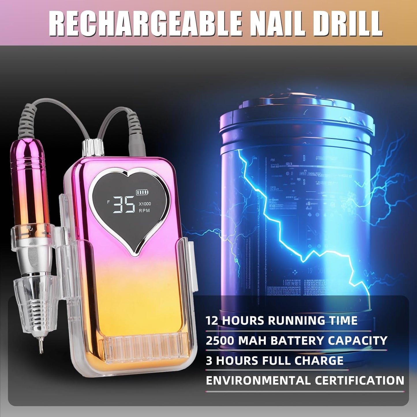 Professional Electric Nail Drill Machine for Acrylic Nails, 35000 RPM Electric Nail File Tool Set, Portable E-File Rechargeable Manicure Pedicure Polish Kit for Home Salon Tech (Heart Sunset Gold)