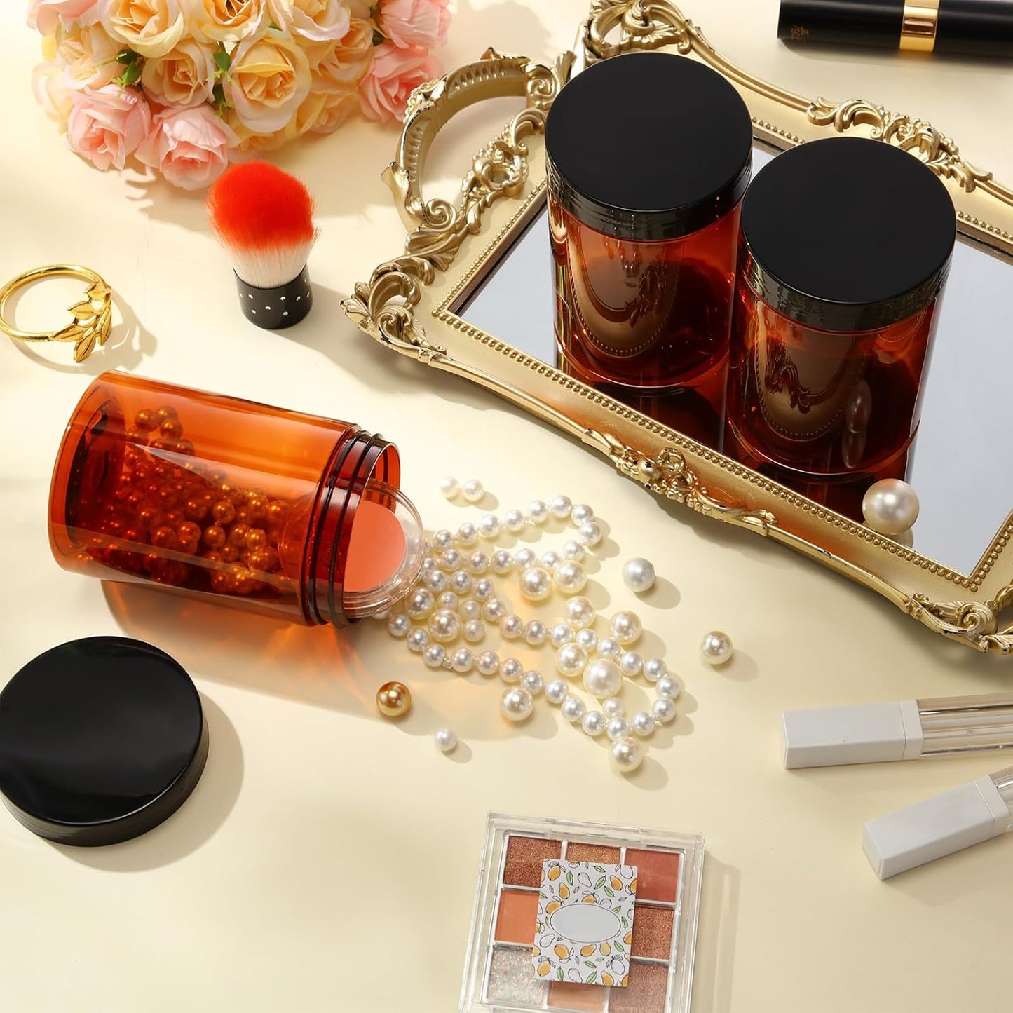 SATINIOR 100 Pcs Plastic Jars with Lids Small Containers Lids Wide Mouth Small Plastic Containers for Lotion Cream Rhinestones Body Butters Travel Storage(10 oz, Amber)