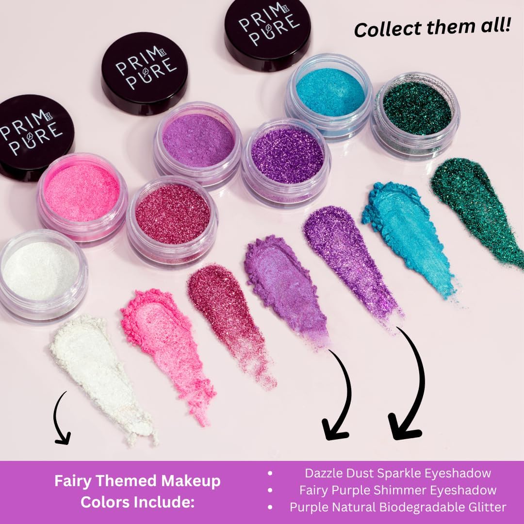 Prim and Pure Kids Makeup Gift Set - Stencil, Makeup Eyeshadow Bioglitter Lip Gloss and Cosmetic Bag Mirror Makeup Brush Accessories (Fairy Purple)
