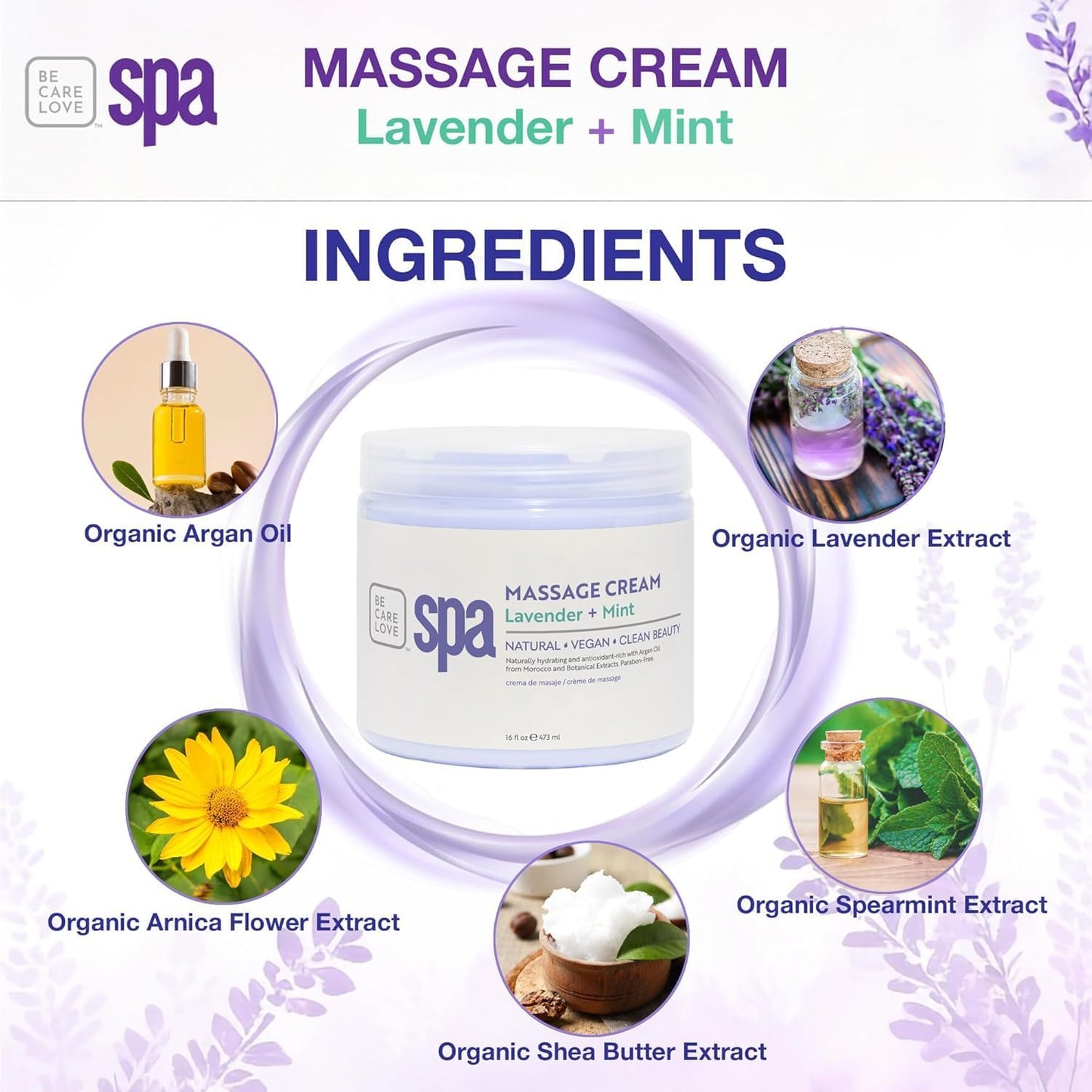 BCL SPA Massage Cream - Body Lotion & Body Cream with Organic Lavender + Mint, Shea Butter, Kelp, Arnica, Aloe Vera, Argan and Jojoba Oils - Calm, Moisturize and Soothe skin. Home/Pro Use 16 fl oz