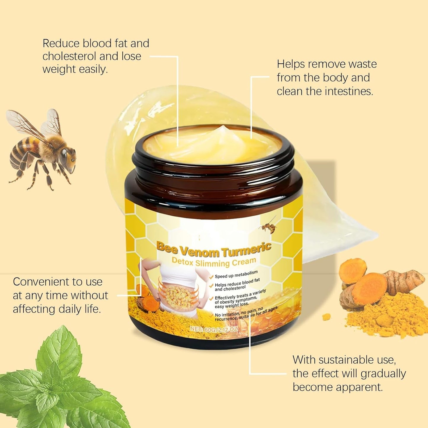 Bee Venom Comprehensive Cream,Turmeric Detox Slimming,Bee Venom Skin Treatment Cream,Body Massage Cream,Natural Skin Moisturizer for All Skin Types(2pcs)