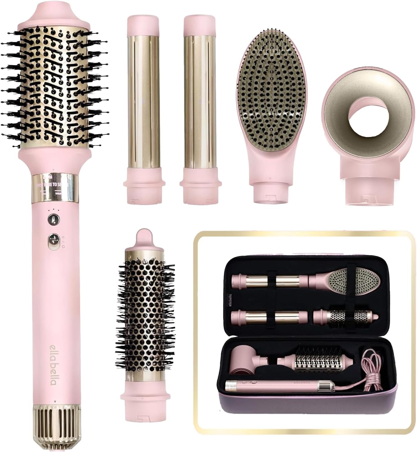 ELLA BELLA® 6 in 1 Professional Hot Air Styler • Powerful Hair Dryer & Straightener Set • Styling Without Heat Damage • Fast Drying Curling Volumizing Straightening • Protective Travel Case (Pink)