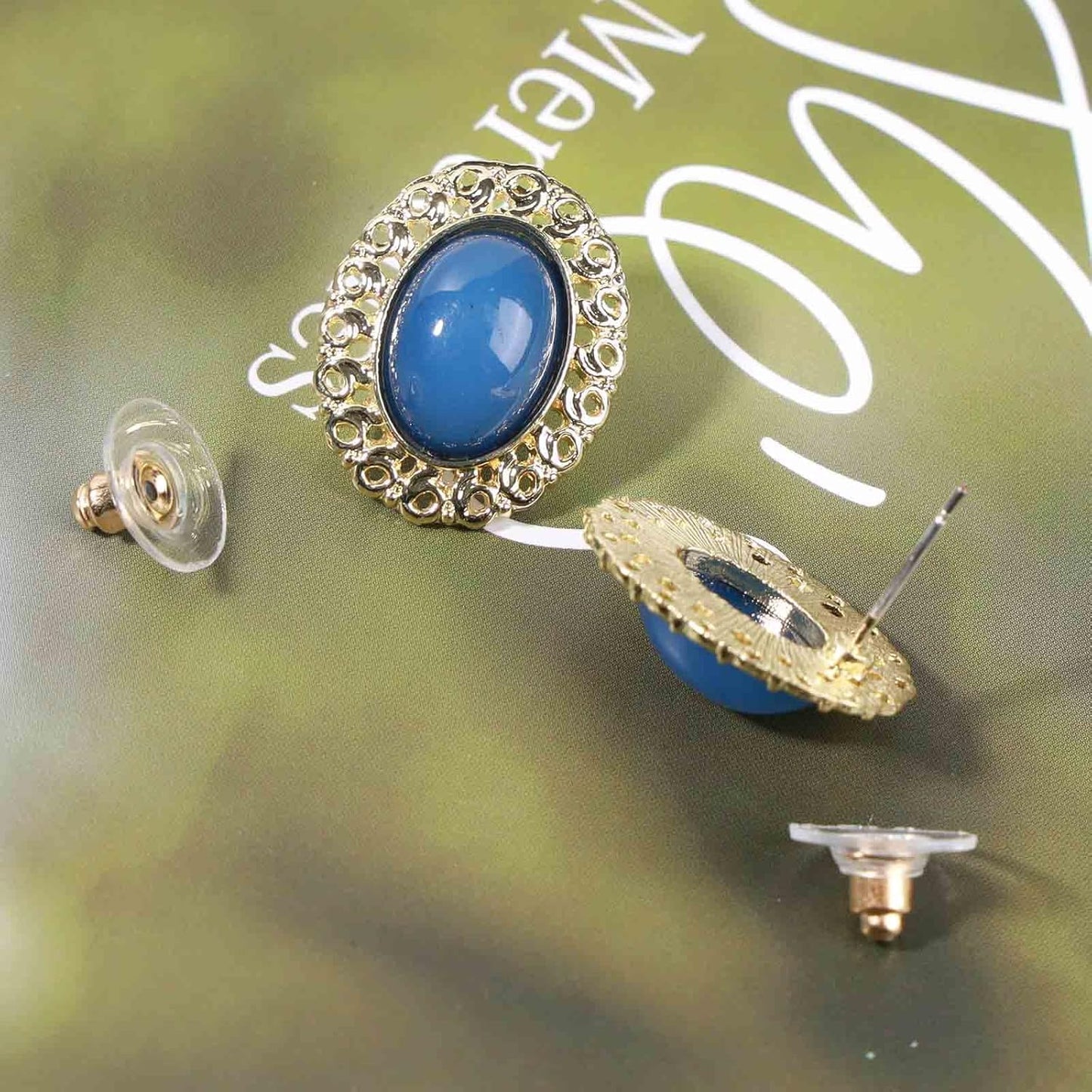 Vintage Oval Blue Gem Earrings Blue Lapis Earrings Antique Halo Oval Earrings Custom Oval Studs Earrings Jewelry for Women and Girls Gifts