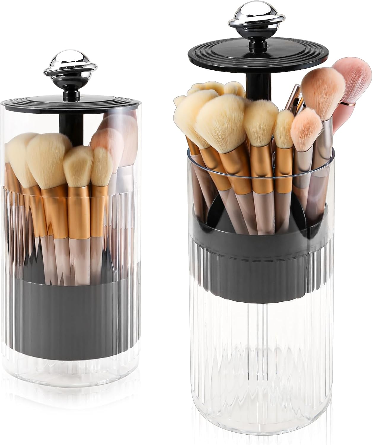 DASITON Makeup Brush Holder with Lid, Automatic Lifting Makeup Organizer for Vanity, 4 Slots Clear Makeup Brush Organizer, Dustproof Cosmetic Brushes Storage for Bathroom, Desktop, Office (Black)