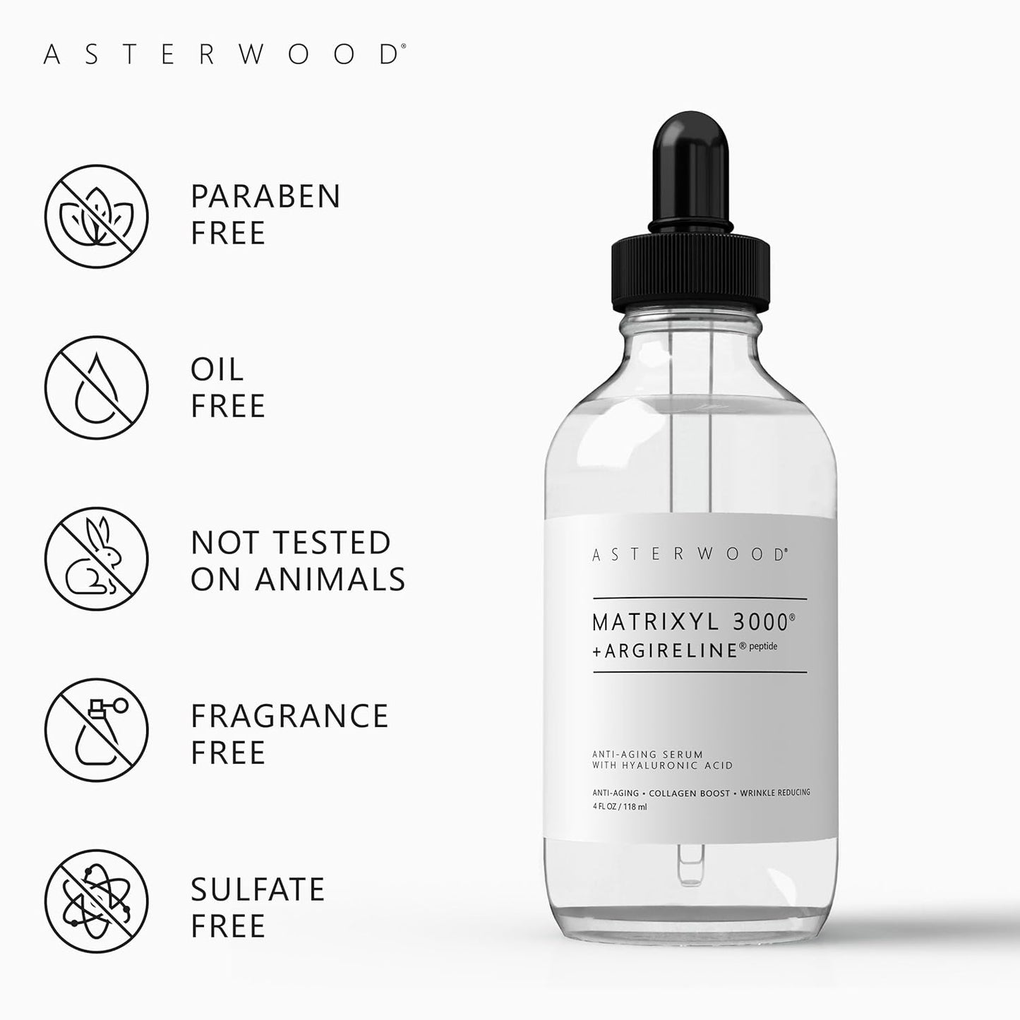 Asterwood Matrixyl 3000 + Argireline Serum with Hyaluronic Acid - Anti-Aging, Wrinkle Reducing, Collagen Boosting - Fragrance-Free - 4 Fl Oz
