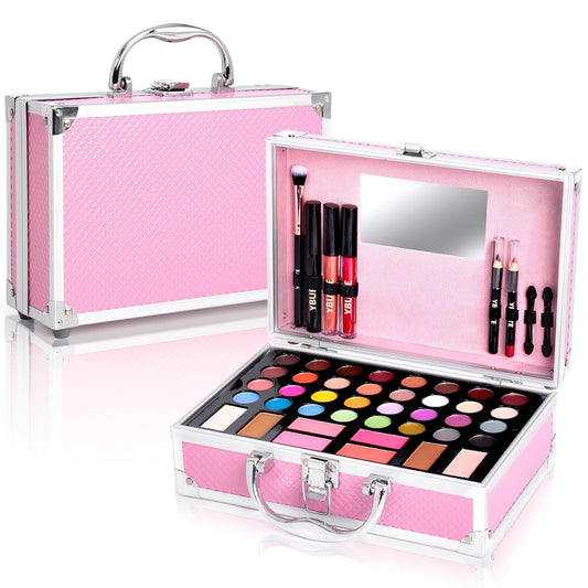 Beginner Makeup Kit for Teen,Makeup Gift Set for Girl Women,Beginner Makeup Kit with Cosmetic Train Case Included 32 Colors Eyeshadow Blusher Contour Lip Gloss Lip Liner Mascara Eyeliner Mirror