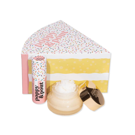 Poppy & Pout Lip Care Set | Lip Balm & Scrub | Sustainable Cardboard Tubes & Glass Jars, All Natural, Beeswax, Coconut Oil, Cruelty Free, Exfoliating & Moisturizing Lip Treatment (Birthday Cake)