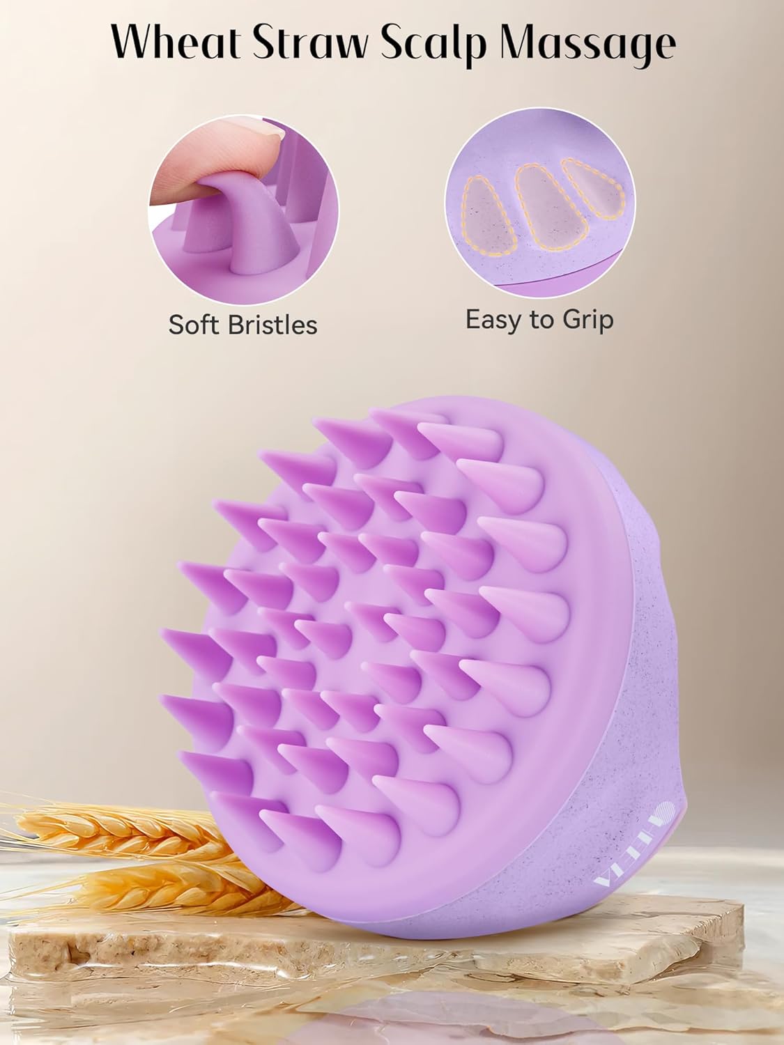 HEETA Scalp Massager Hair Growth Brush with Soft Silicone Bristles, Wheat Straw Handle, 2 Count (Beige & Purple, Round, All Hair Types)