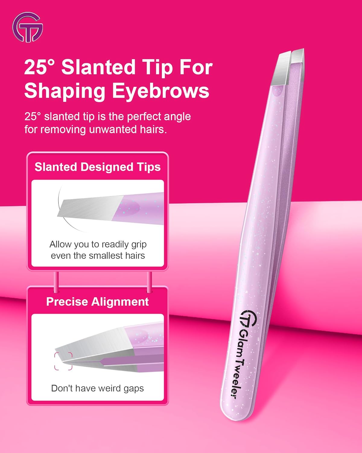 Expert Slant and Point Tip Tweezer Set with Exclusive Storage & Carrying Case, GlamTweeler Sharp & Precision Tweezer Set for Eyebrows, Facial Hairs & Fine Hairs Removal (Sparkle Baby Pink + Silver)