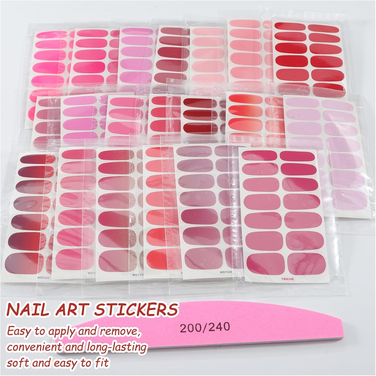 SILPECWEE Nail Polish Stickers, 20 Sheets Pink Solid Nail Stickers Full Nail Wraps with Nail File Self Adhesive Nail Polish Strips Gel Nail Strips Fingernail Nail Art Sticker Nails for Women