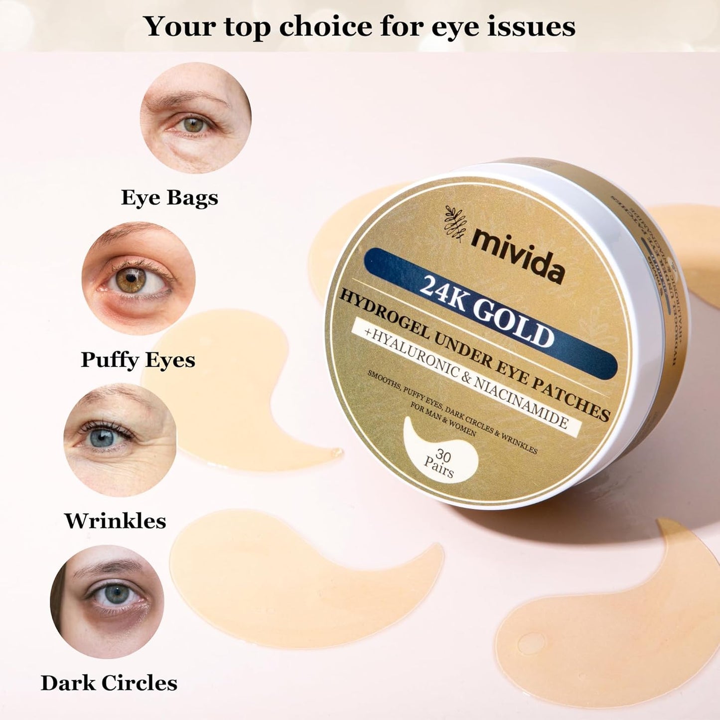 24k Gold under eye patches | Biodegradable Under eye mask with Hyaluronic Acid and Niacinamide | 30 pairs | Eye Masks For dark circles, wrinkles and puffiness