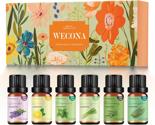 Pure Essential Oil Set - Top 6 Aromatherapy Oils Set, Essential Oils for Diffusers for Home - Peppermint, Lavender, Eucalyptus, Lemongrass, Rosemary, Lemon - 10ml x 6
