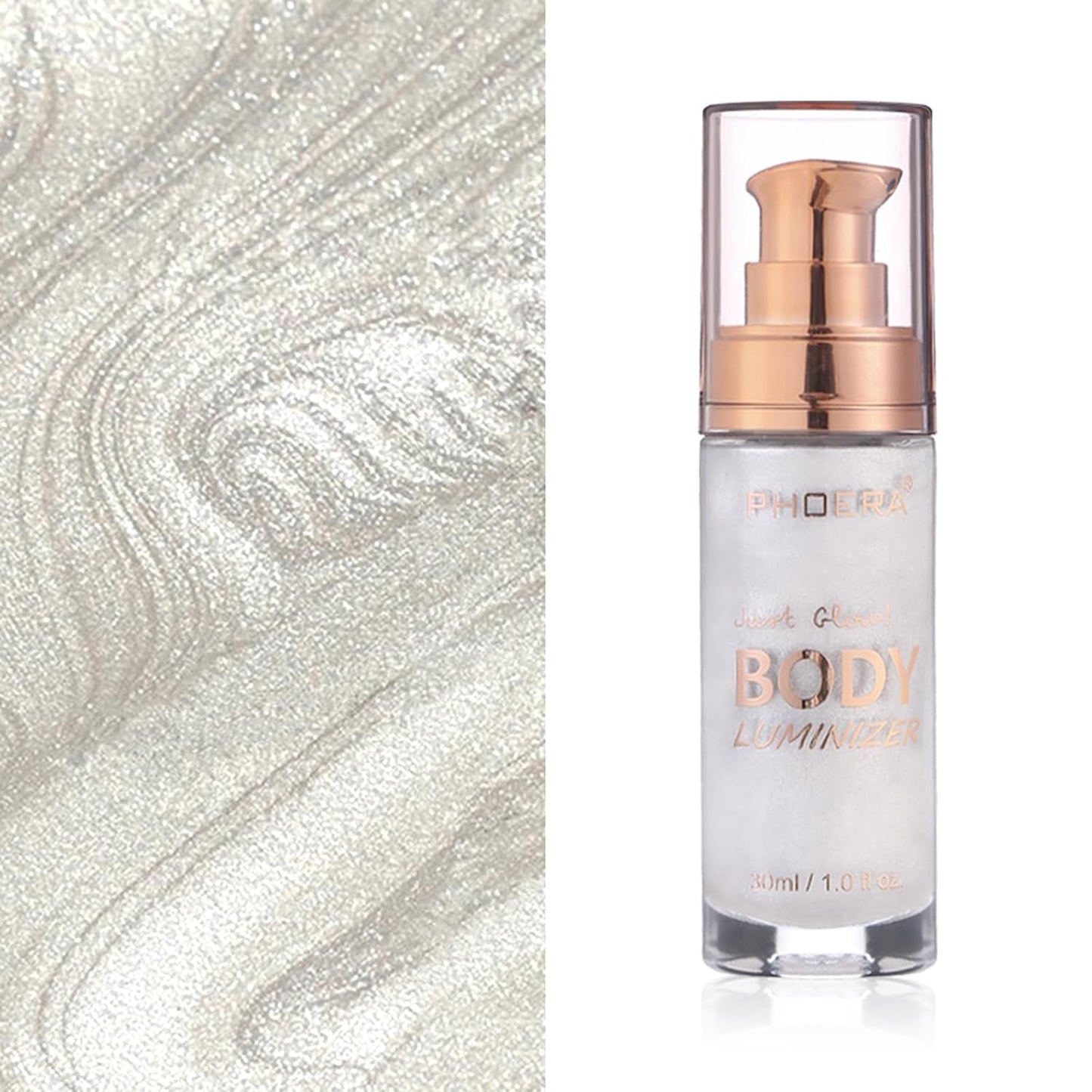 Body Shimmer Oil, Diamond Platinum Natural Glow Luminizer, Long Lasting Waterproof Moisturizing Liquid Illuminator Highlighter Makeup for a Sun-Kissed Glow, Brush Include, 1oz, Light Fair