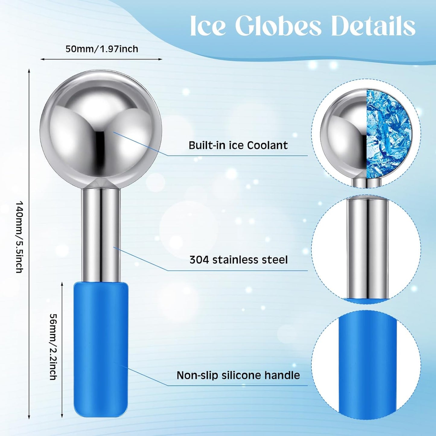 Baderke 2 Pcs Ice Globes for Face Stainless Steel Cooling Globes Unbreakable Cooling Roller Women Ice Balls Cryo Sticks Face Skin Care for Dark Circles, Puffiness(Silver (blue Handle))