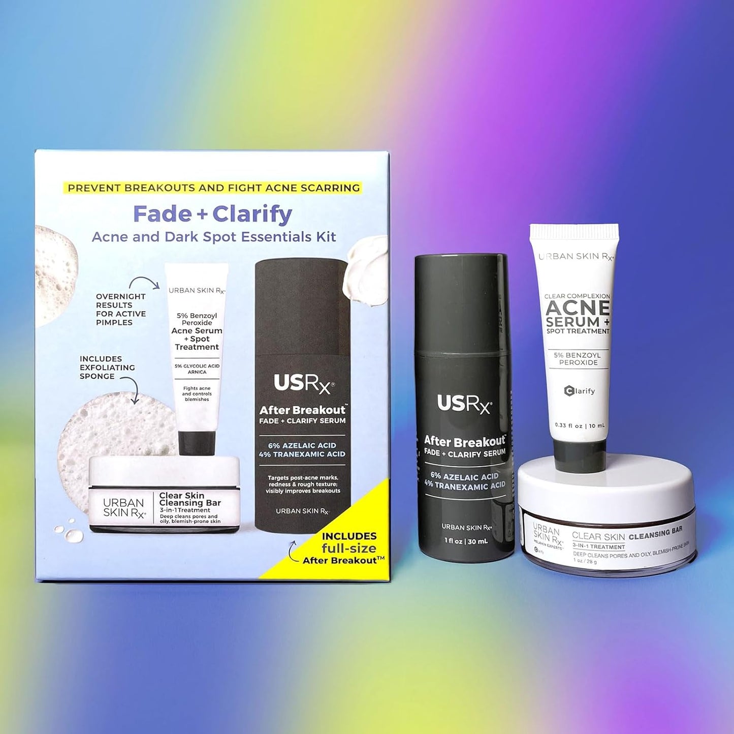 Urban Skin Rx, Acne & Dark Spot Essentials Starter Kit, Includes Clear Skin Cleansing Bar, Acne Serum + Spot Treatment & Fade + Clarify Serum, Cleanses Pores, Fades & Fights Breakouts