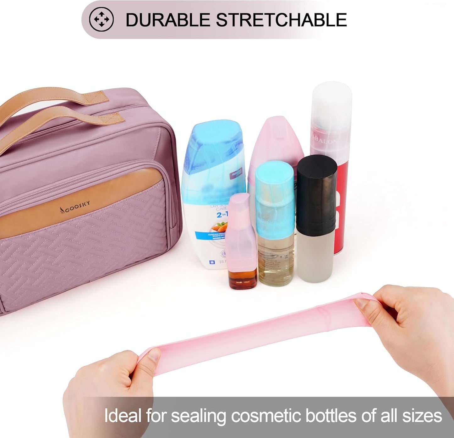 Travel Hanging Toiletry Bag for Women and Men, with 8 Leak Proofing Silicone Bottle Covers, Waterproof Makeup Accessories, Cosmetic Essentials, Toiletries Dopp Kit Set with Jewelry Organizer, Purple