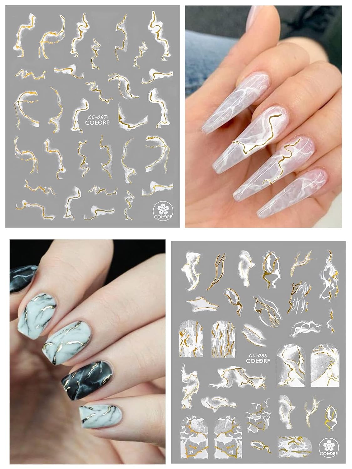 12 Sheets Nail Art Stickers Decals,TOROKOM Self-Adhesive White Black Gold Stripe Line Nail Decals Marble Wave Nail Sticker Supplies for 3D Nail Design Nail Accessories for Women French Nail Decoration