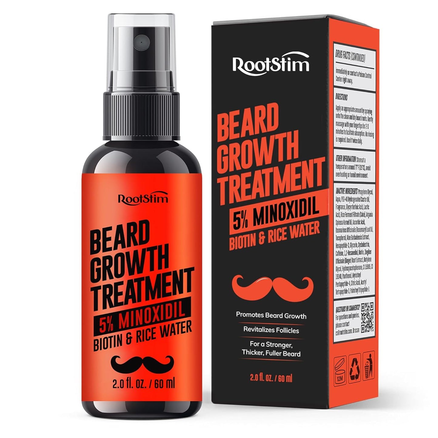5% Minoxidil Beard Growth Serum for Men: Hair Regrowth Spray with Biotin & Rice Water - Extra Strength Beard Oil for Faster Thicker and Fuller Beard Growth - 2.03 Fl Oz