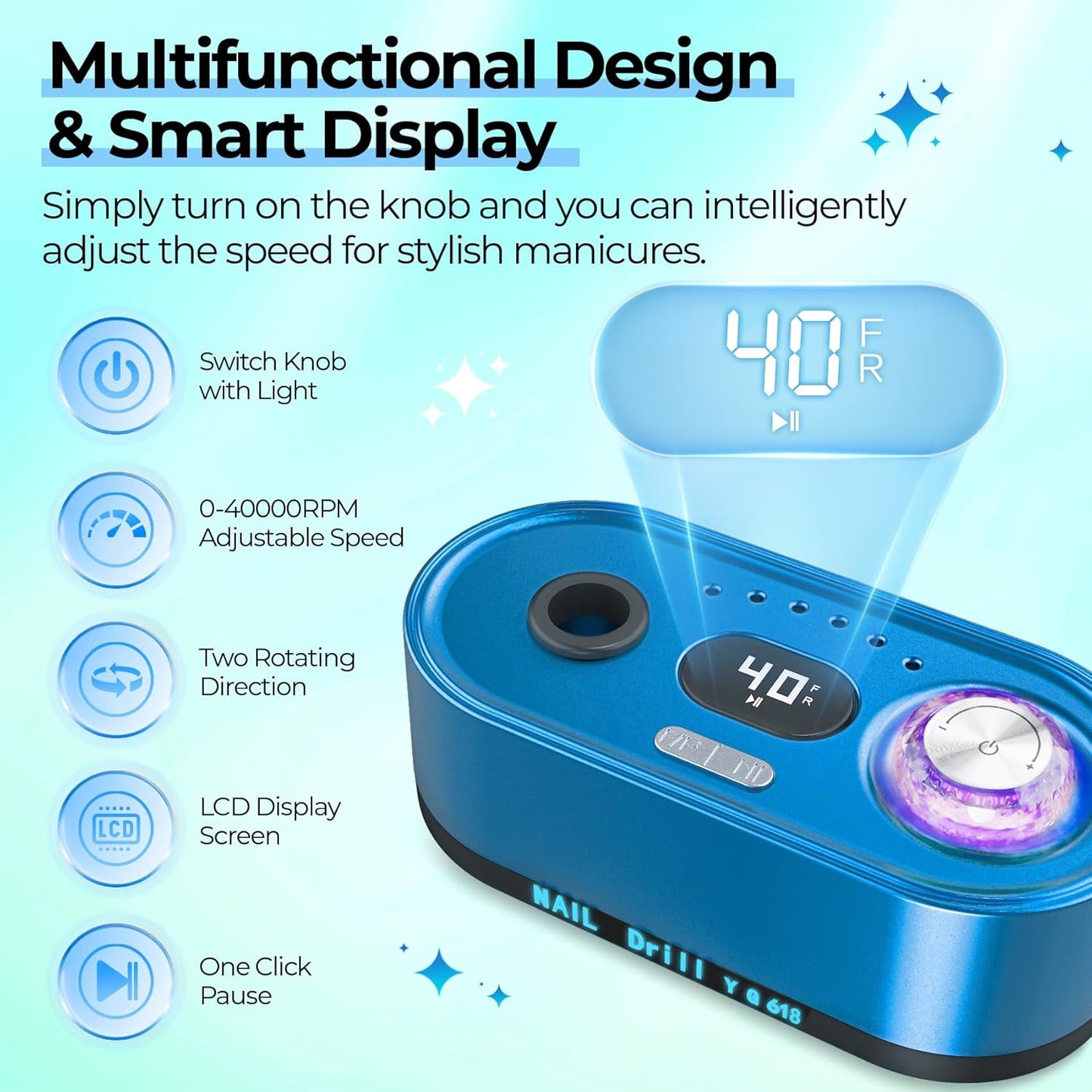 Electric Nail Drill Professional: 40000RPM Electric Nail File Kit E File Nail Drill Machine with LCD Display for Acrylic Gel Nail, Manicure Pedicure Polishing Nail Grinder for Salon Home Use