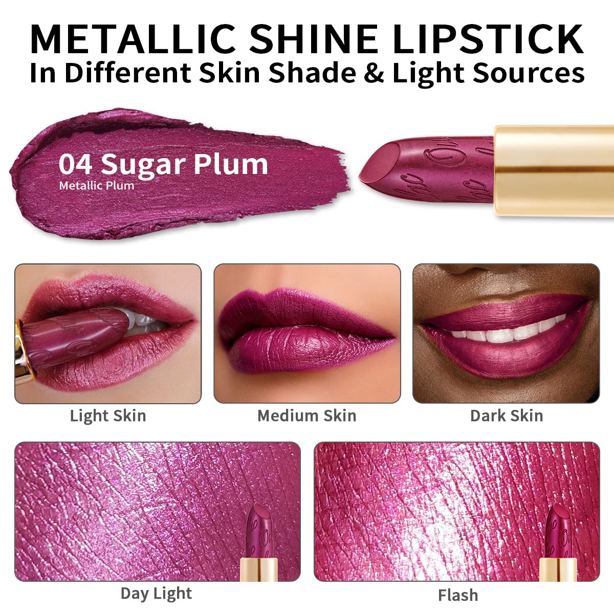 Oulac Purple Lipstick for Women with Metallic 3D Shine Lightweight Hydrating Formula, High Impact Lip Color, Vegan Beauty, Full Coverage Lip Makeup, Christmas Gifts for Women, Sugar Plum (04)