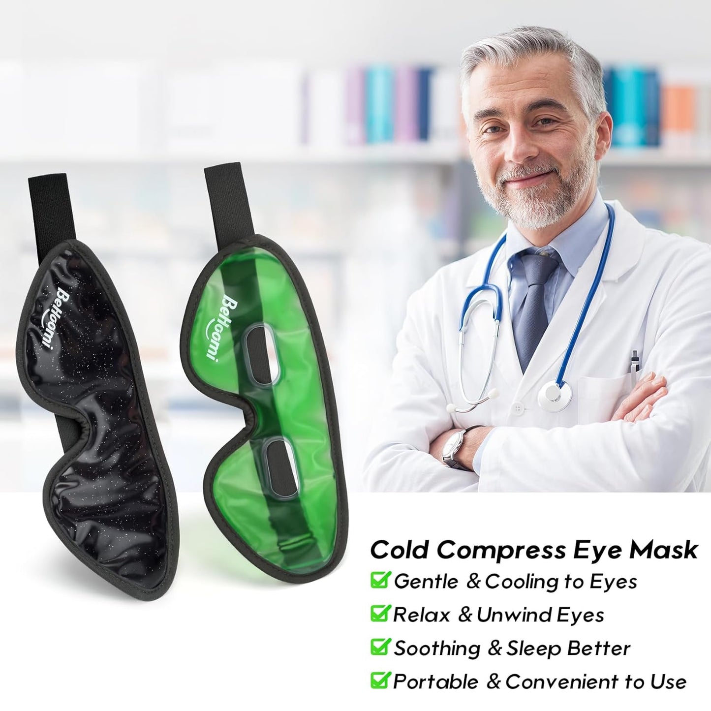 Cooling Eye Mask, Gel Eye Mask Cold Compress for Eyes, Reusable Eye Ice Pack, Cool Relaxation, Comfort Snug Fit, No Freeze, Eye Cover Ice Mask for Home, Office, 2PCS, Black & Green