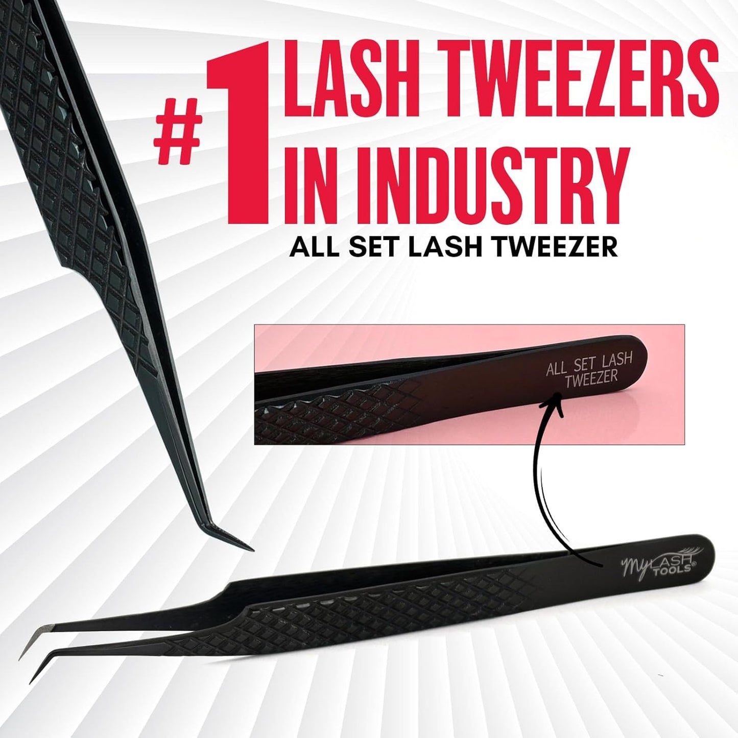 45 Degree Volume Fiber Tip Lash Tweezer Black –, Diamond Grip, Professional Eyelash Extension Tweezers (Black, All SET LASH TWEEZER)