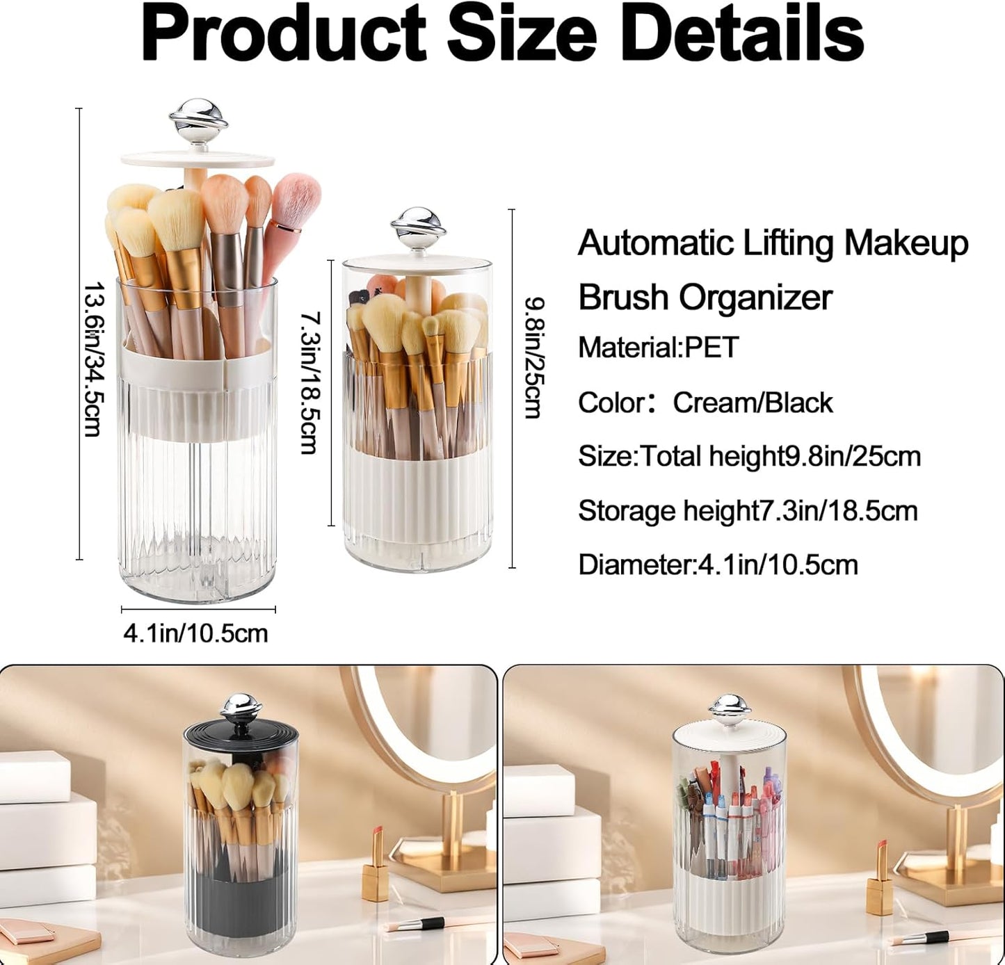 DASITON Makeup Brush Holder with Lid, Automatic Lifting Makeup Organizer for Vanity, 4 Slots Clear Makeup Brush Organizer, Dustproof Cosmetic Brushes Storage for Bathroom, Desktop, Office (Cream)