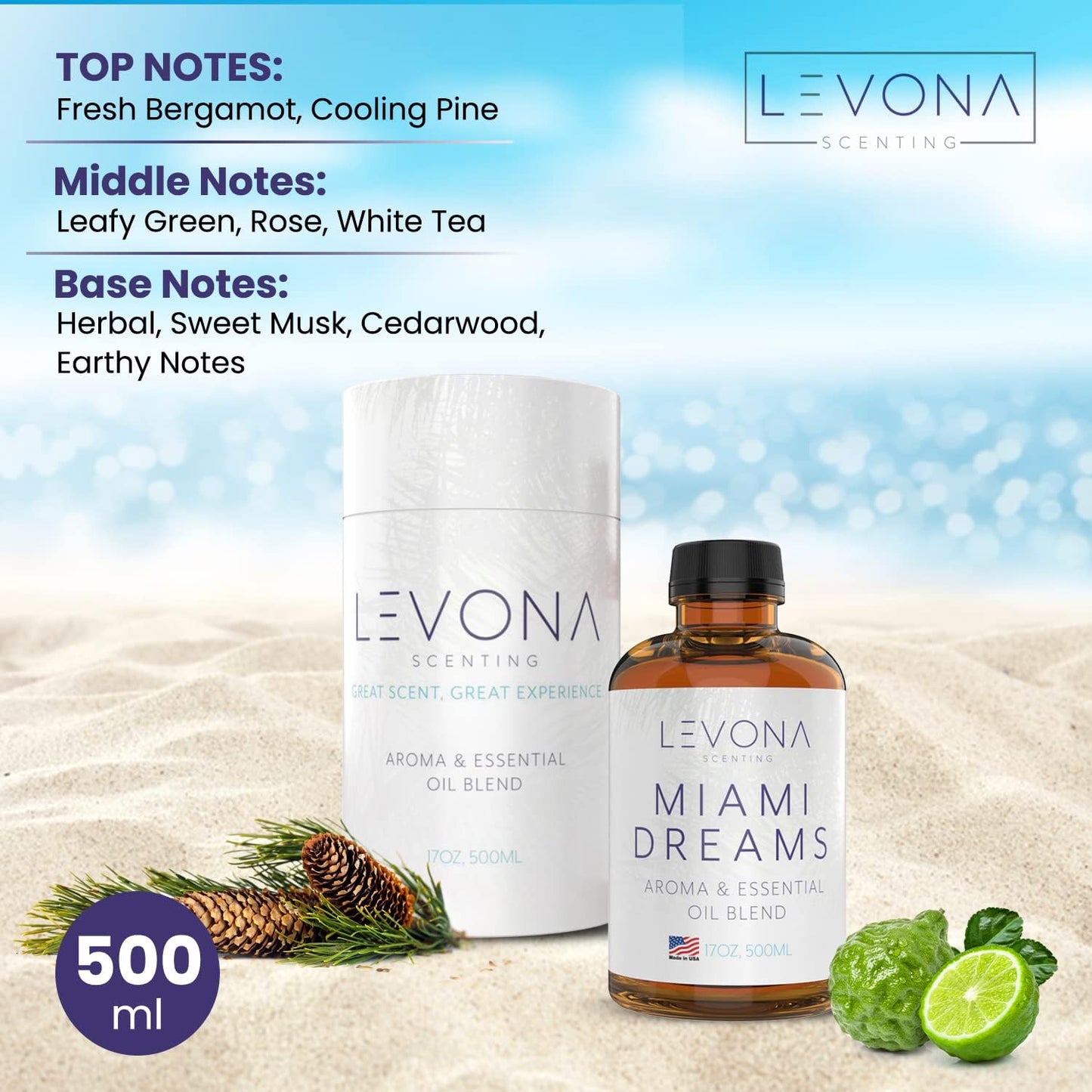 Levona Scent Essential Oils for Diffusers for Home: Miami Dreams Hotel & Home Luxury Scents Fragrance Oil - Aroma Oil with Notes of Bergamot Oil & Pine Essential Oil -500 Ml Scented Oils for Diffuser