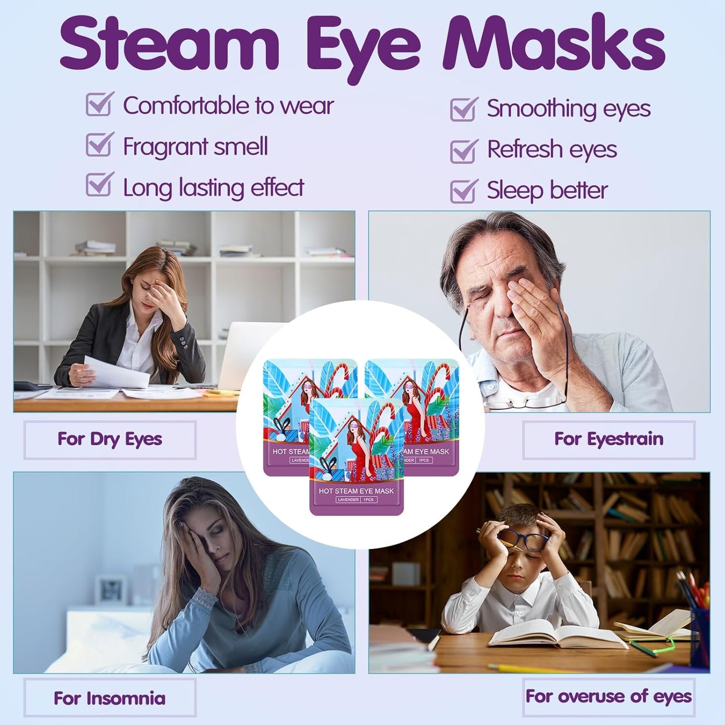 60 Pcs Disposable Steam Eye Mask Bulk Heated Eye Masks for Dry Eyes Spa Warming Eye Mask Self Heating Eye Masks with Warm Moist Warm Compress for Eye Stress Dark Circle Relief Sleep Mask(Lavender)