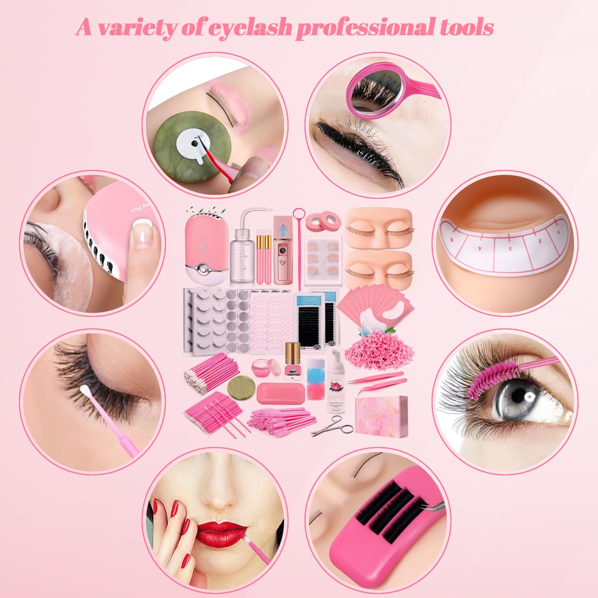 Lash Extension Kit for Beginners Lash Mannequin Head with Replaced Eyelids False Eyelashes Practice Eyelash Strips Facial Mister Tweezers Glue USB Fan Professional Set