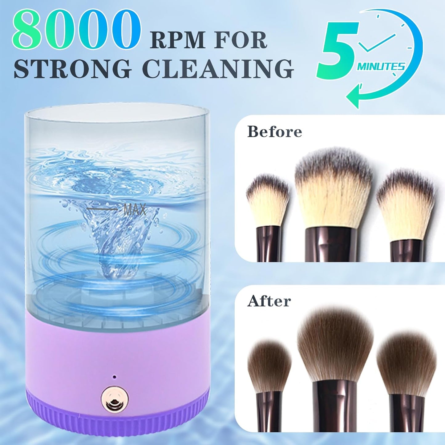 Makeup Brush Cleaner,Low noise and 8000 RPM Electric Makeup Brush Cleaner Machine for Deep Cleaning,Automatic Spinning Cosmetic Brush Cleaner for All Size Makeup Brushes and Sponges(purple)