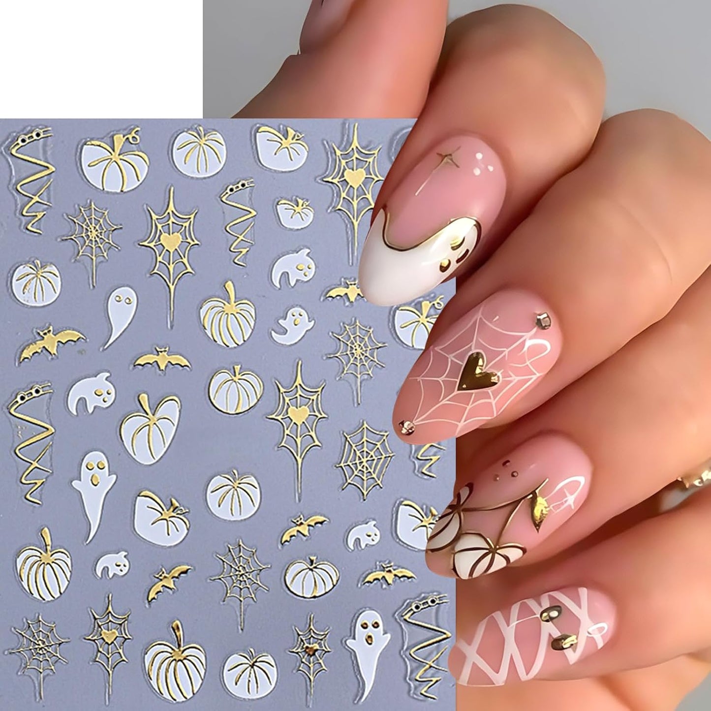 8 Sheets Halloween Nail Stickers Nail Decals 3D Self-Adhesive Glitter Pumpkin Ghost Nail Supplies Gold Heart Spider Web Bat Black Leaf Nails Design Nail Decor for Halloween Party DIY Manicure Supplies
