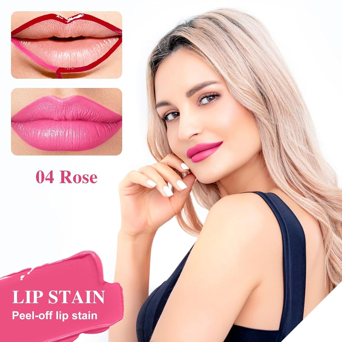 Lip Stain - Lip Stain Peel Off Long-Lasting with Matte Finish Waterproof & Transfer-Proof, Lip Liner Moisturizing & Nourishing Non-Stick Cup Highly Pigmented Color Lip Tint (04 Rose)